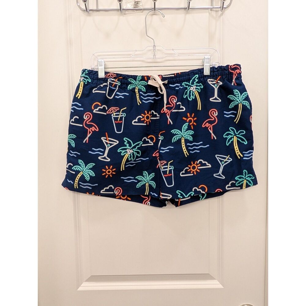 Chubbies Swim Trunks Men's Large Blue Neon Tropical Palm Tree Drinks Print FLAW